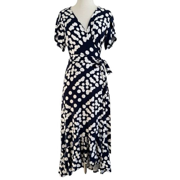 CAbi The Perfect Wrap Dress Blue White Polka Dot Size Small Short Sleeve Maxi - Picture 1 of 10